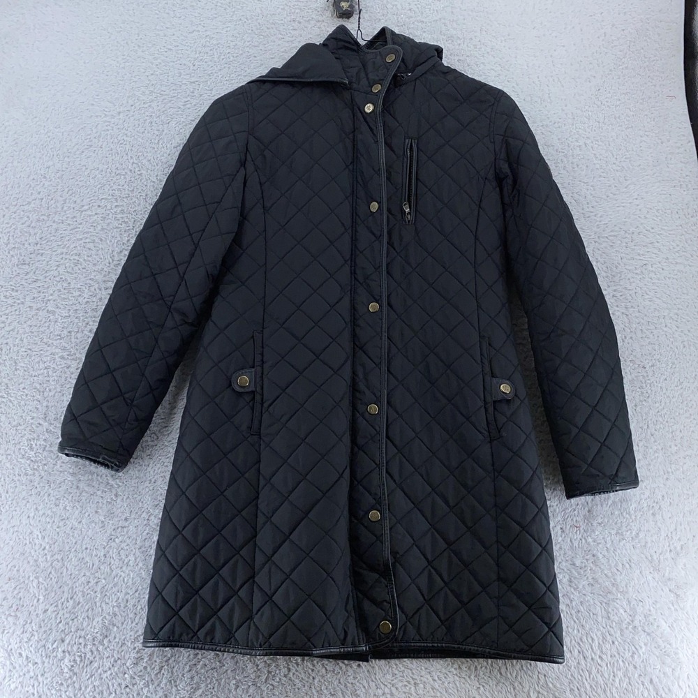 Lauren Ralph Lauren Jacket Womens Small Black Quilted Hooded Long Coat Polyester